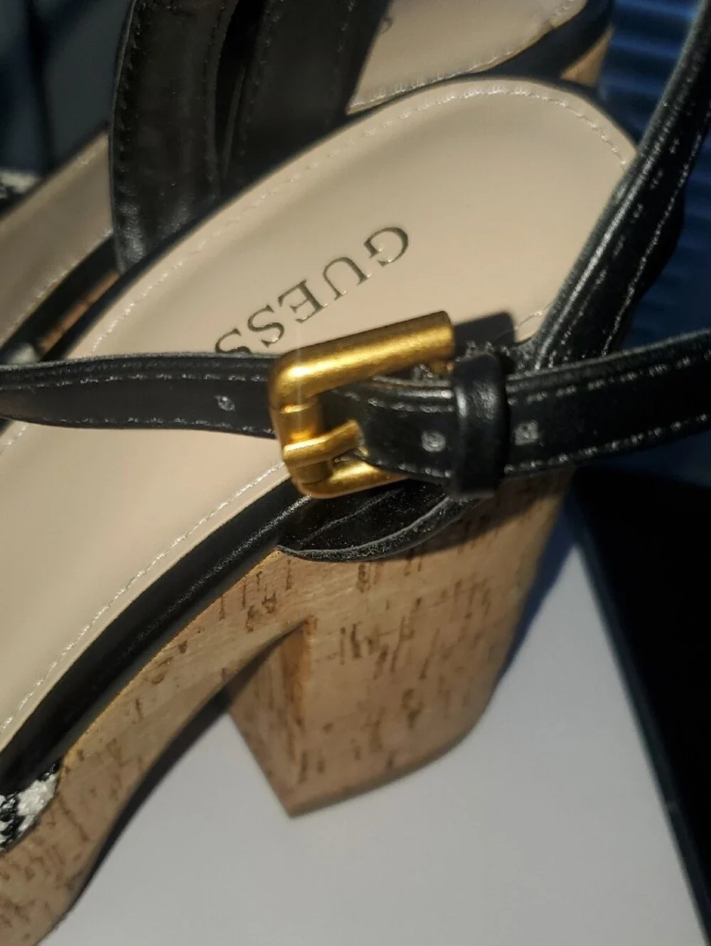 GUESS Black and Ivory Patterned Cork Platform Wedge Sandals